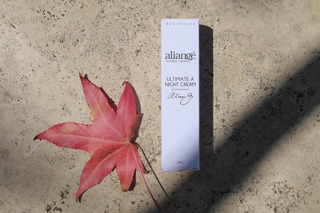 Aliangé Ultimate A Night Cream carton beside a red maple leaf on stone in low autumn sun
