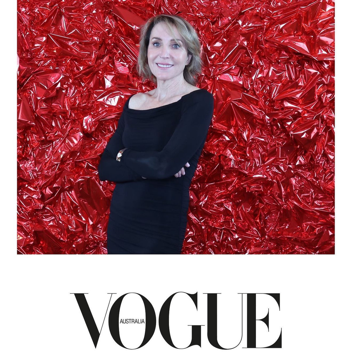 Dr Alison Jamieson in black against a red foil backdrop, with the Vogue Australia masthead beneath