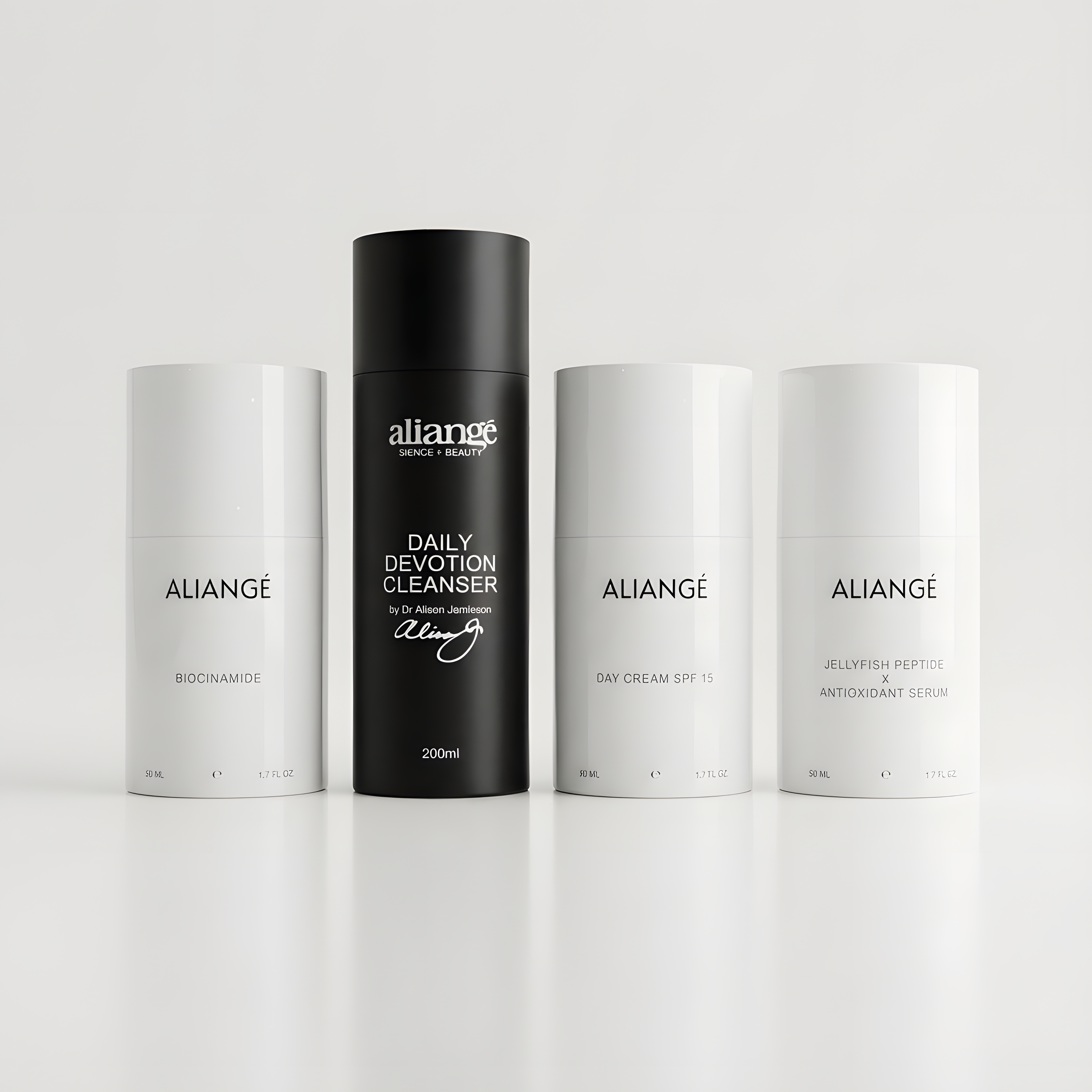 Aliangé AM Protocol — morning skincare sequencing set on white background, doctor-led