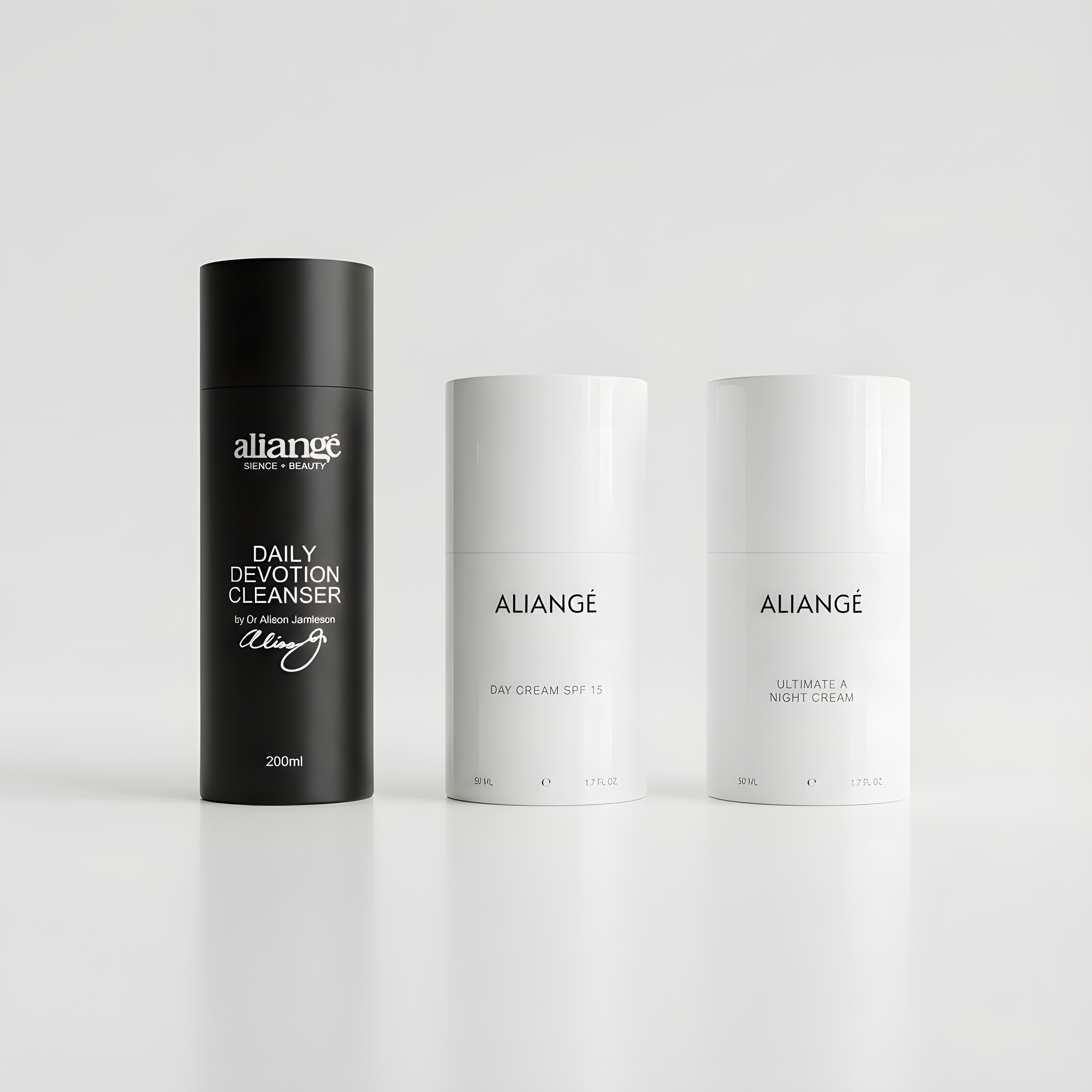Aliangé Essential Protocol — entry-level skincare sequencing set on white background, doctor-led
