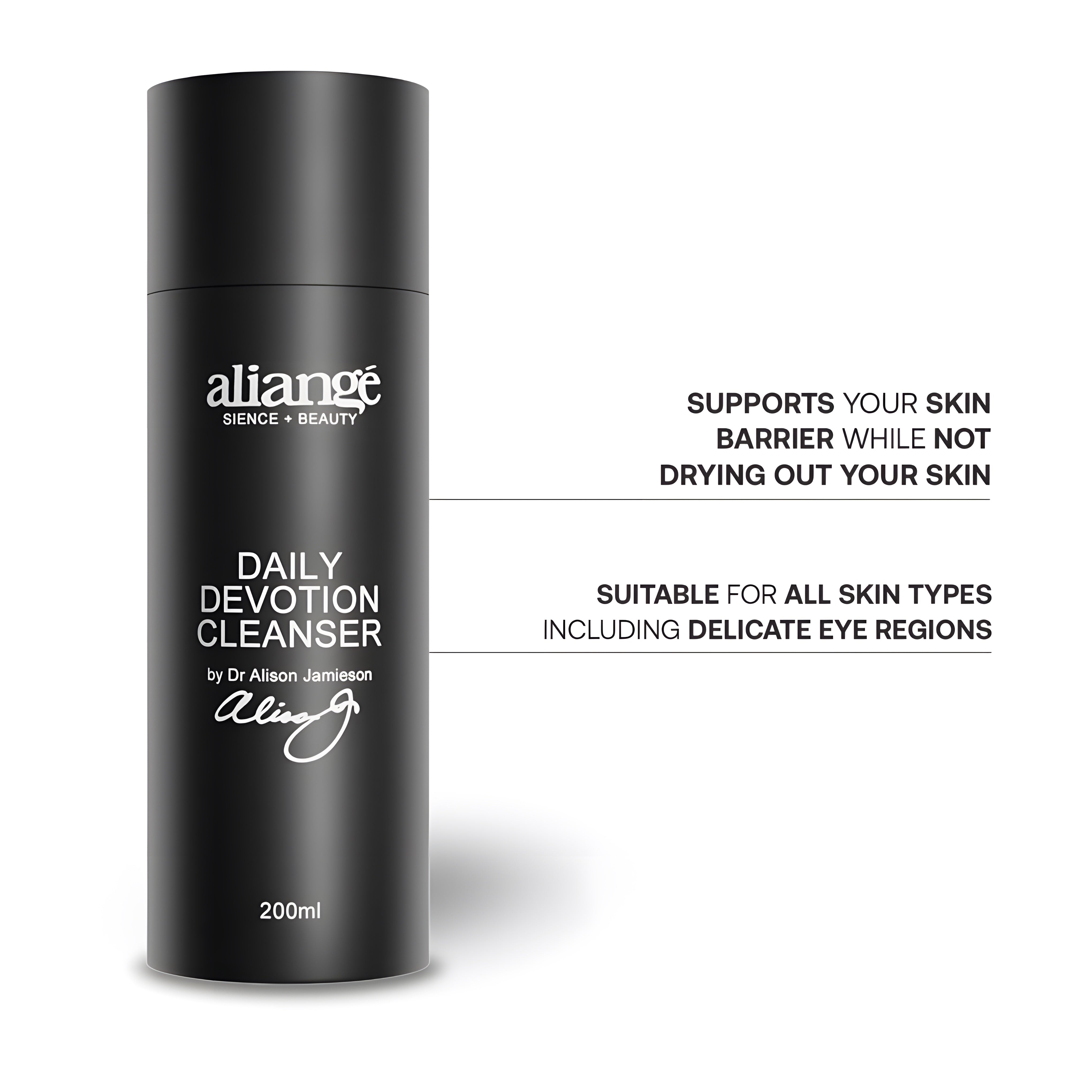 Daily Devotion Cleanser benefits call-out — Aliangé doctor-formulated daily cream cleanser, 200ml