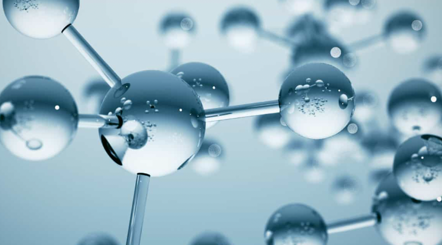 Illustration of a molecular chain rendered as glass spheres on blue — peptides in skincare