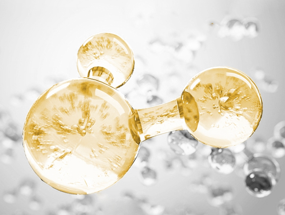 Illustration of golden spheres linked in a chain among clear droplets — Tripeptide-38 article
