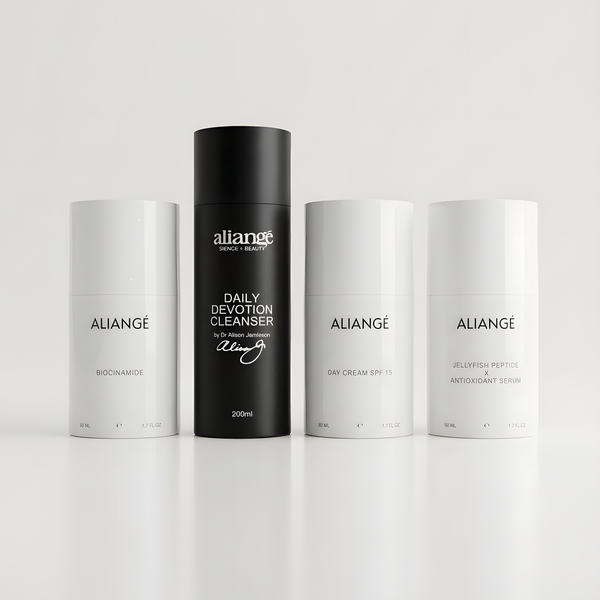 Aliangé AM Protocol — morning skincare sequencing set on white background, doctor-led