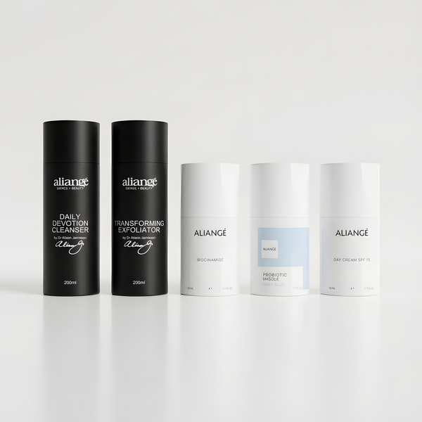 Aliangé Acne Protocol — doctor-led adult acne skincare set on white background

