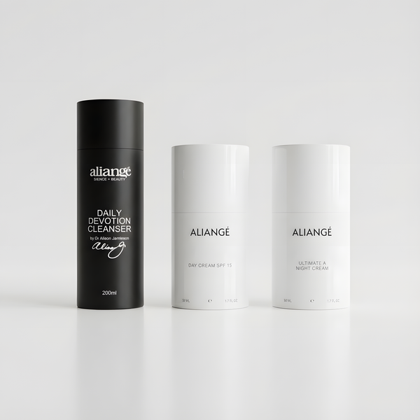 Aliangé Essential Protocol — entry-level skincare sequencing set on white background, doctor-led
